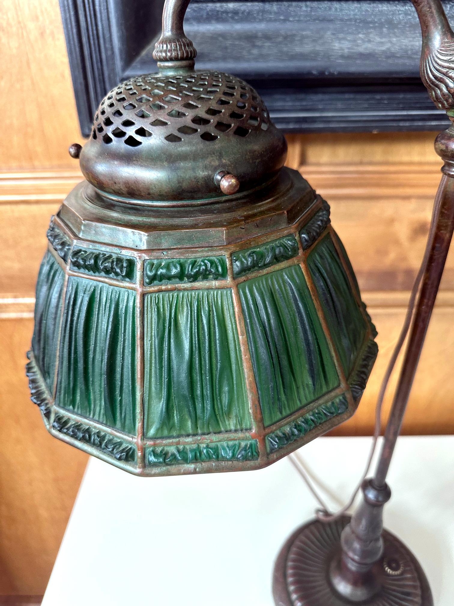 Rare Green Linenfold Double Student Table Lamp Tiffany Studio For Sale 6