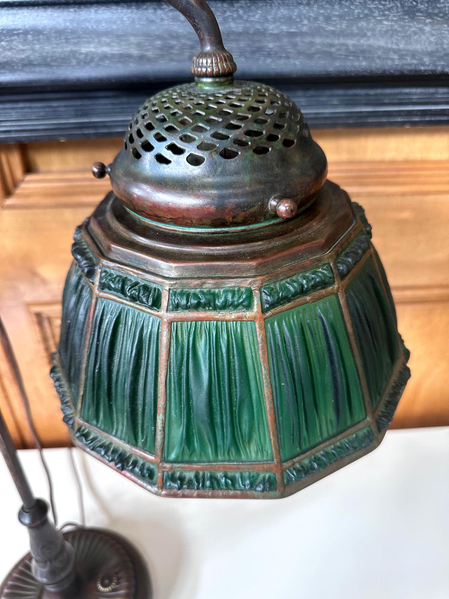 Rare Green Linenfold Double Student Table Lamp Tiffany Studio For Sale 7