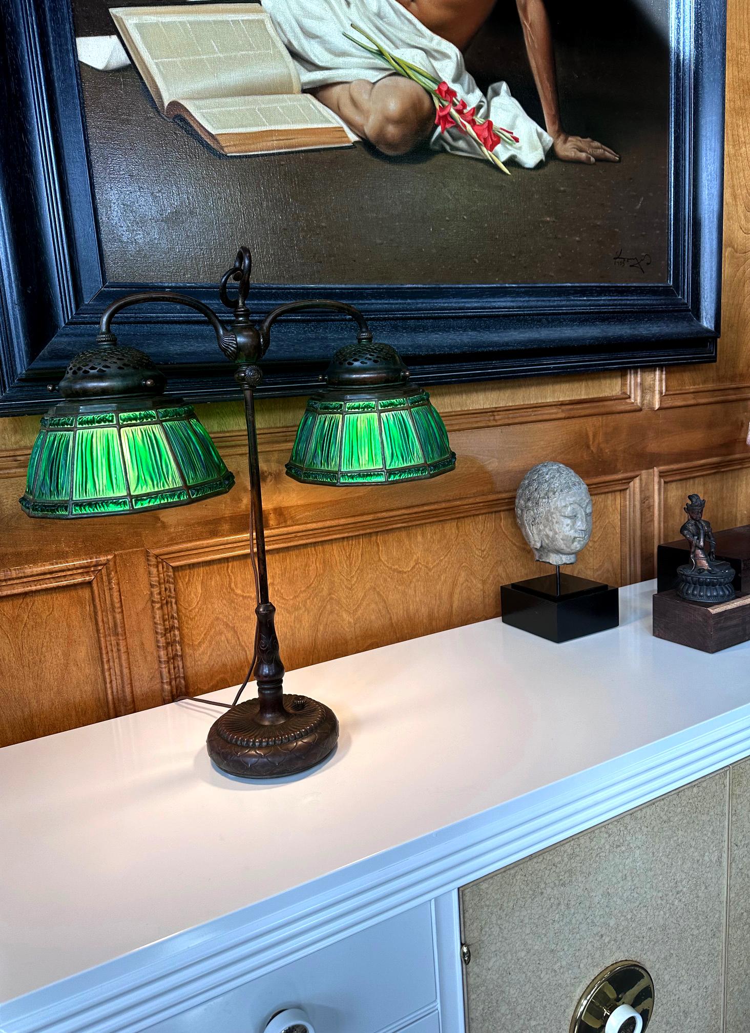 Rare Green Linenfold Double Student Table Lamp Tiffany Studio For Sale 8