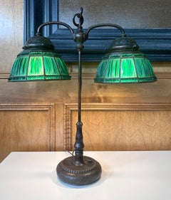 Rare Green Linenfold Double Student Table Lamp Tiffany Studio