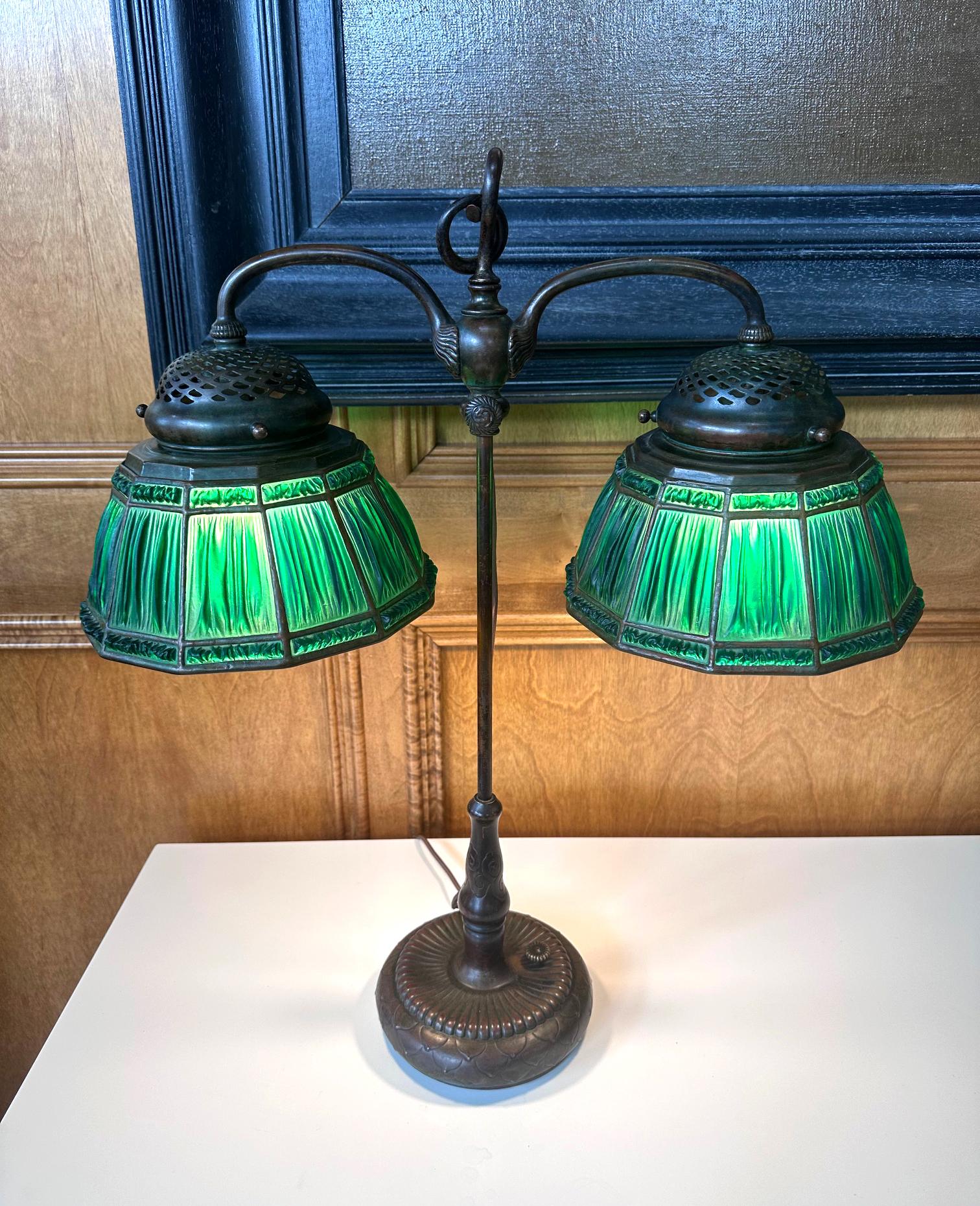 Art Nouveau Rare Green Linenfold Double Student Table Lamp Tiffany Studio For Sale