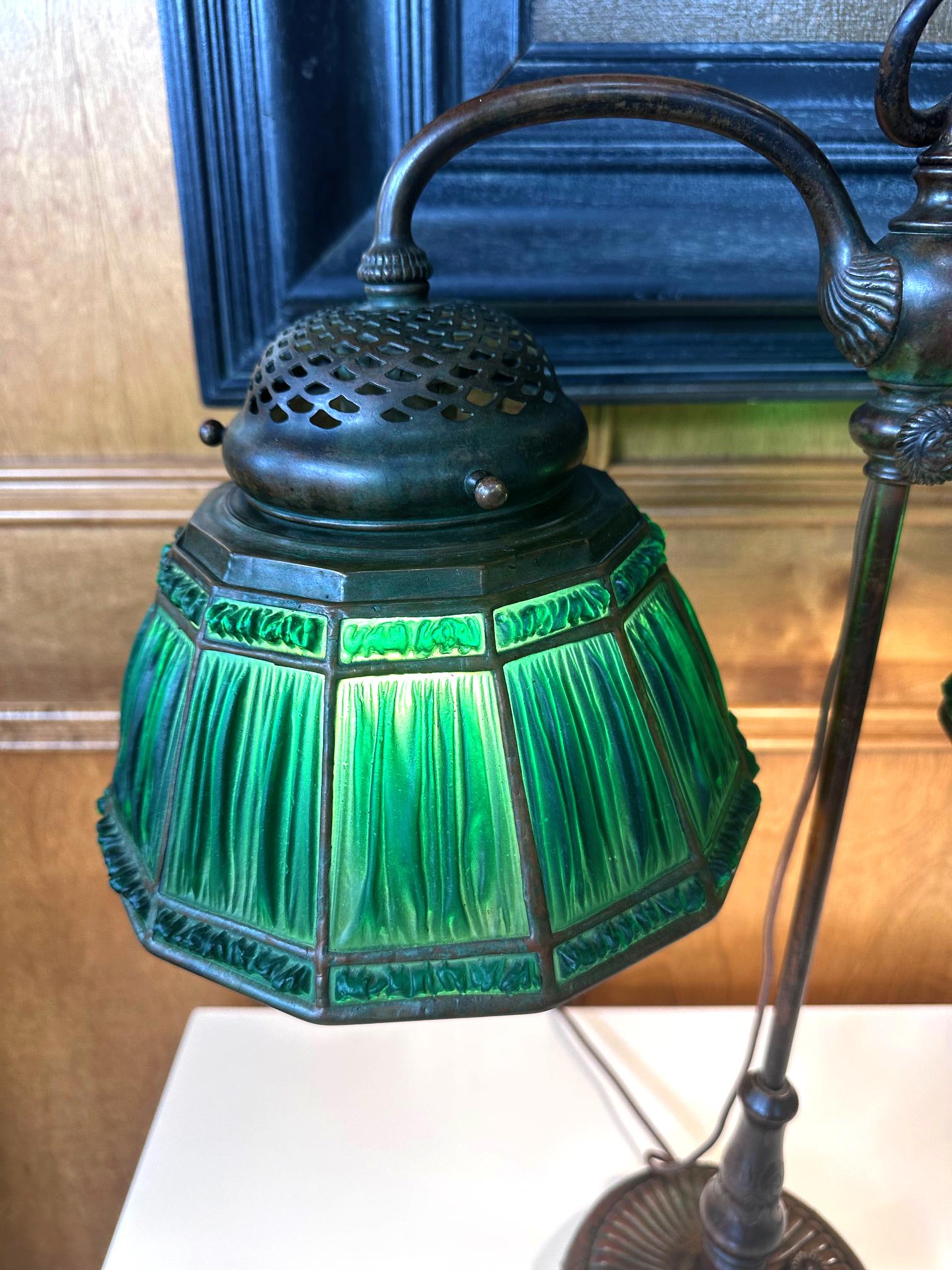20th Century Rare Green Linenfold Double Student Table Lamp Tiffany Studio For Sale
