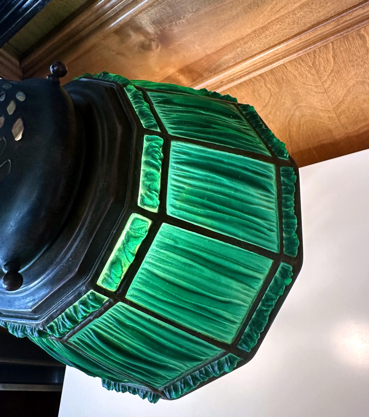 Rare Green Linenfold Double Student Table Lamp Tiffany Studio For Sale 1