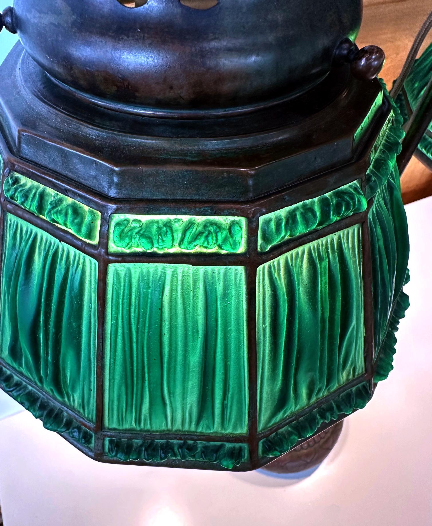 Rare Green Linenfold Double Student Table Lamp Tiffany Studio For Sale 2