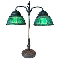 Seltene Grüne Leinenfold Double Student Tischlampe Tiffany Studio