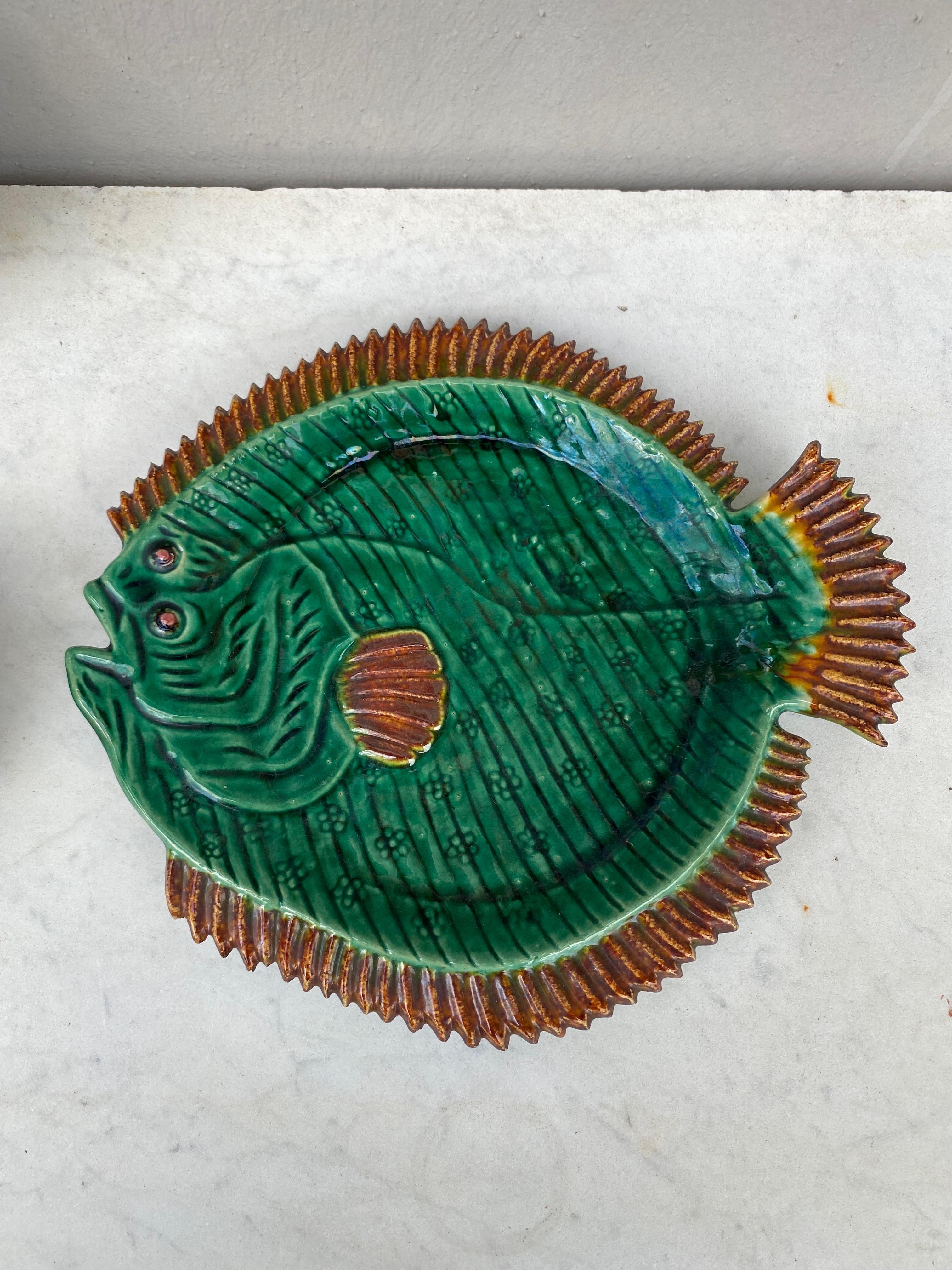 Ceramic Rare Green Majolica Set Of Fish Service Bavent Circa 1930