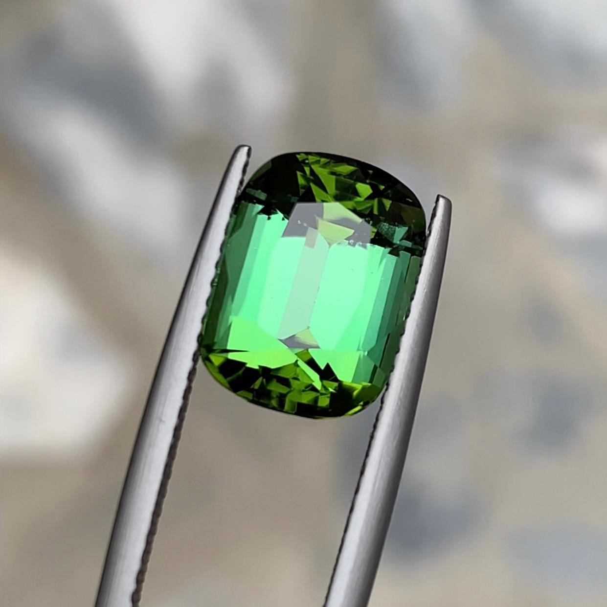 Contemporary Rare Green Natural Tourmaline Gemstone, 5.90 Ct Step Cushion Mix Cut for Ring For Sale