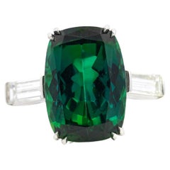 Zoisite Green Tanzanite 12.68 Carat Cushion In Platinum & Baguette Diamond Ring