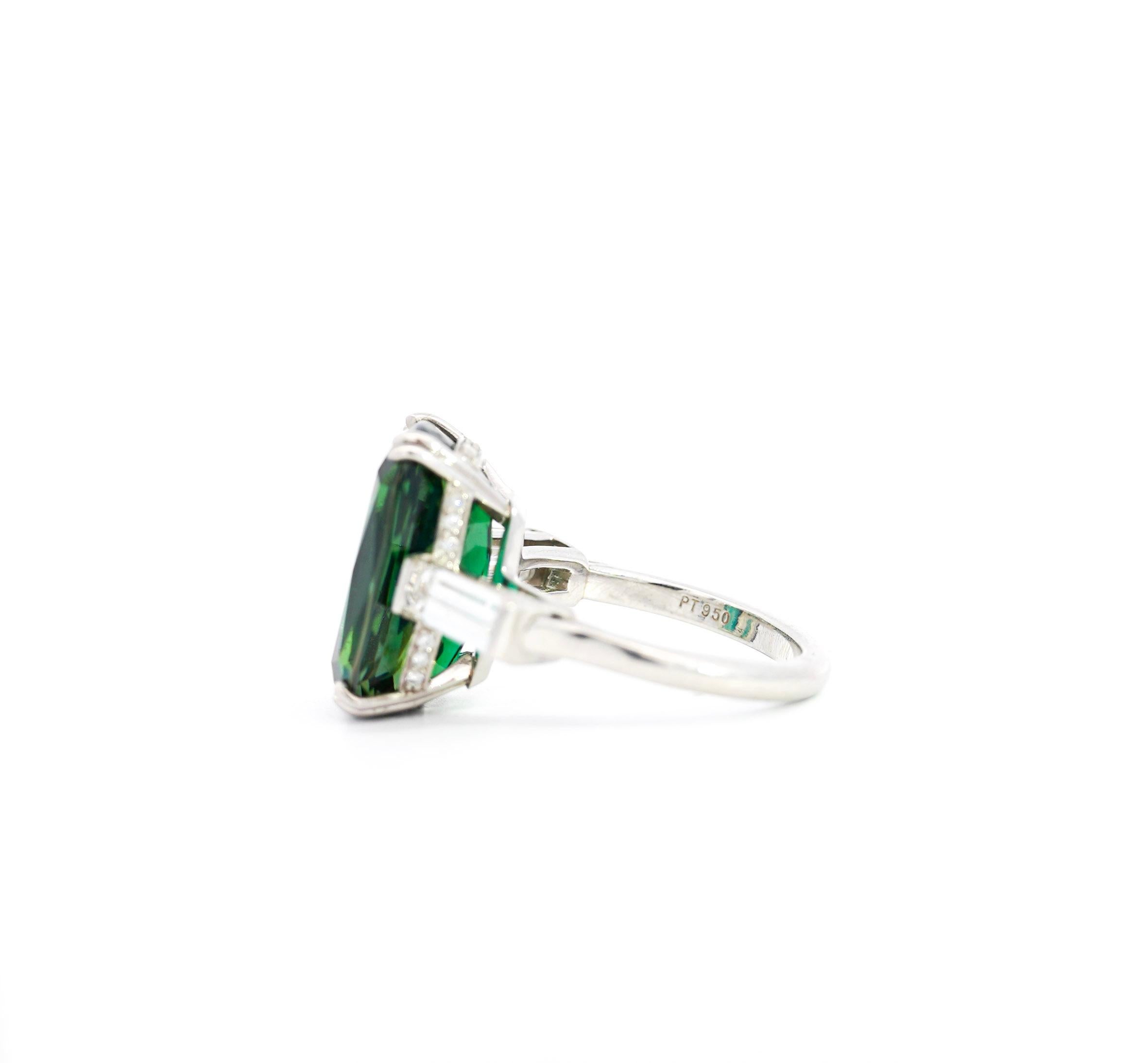 Art Deco Rare Green Tanzanite 12.68 Carat Cushion In Platinum 950 & Baguette Diamond Ring For Sale