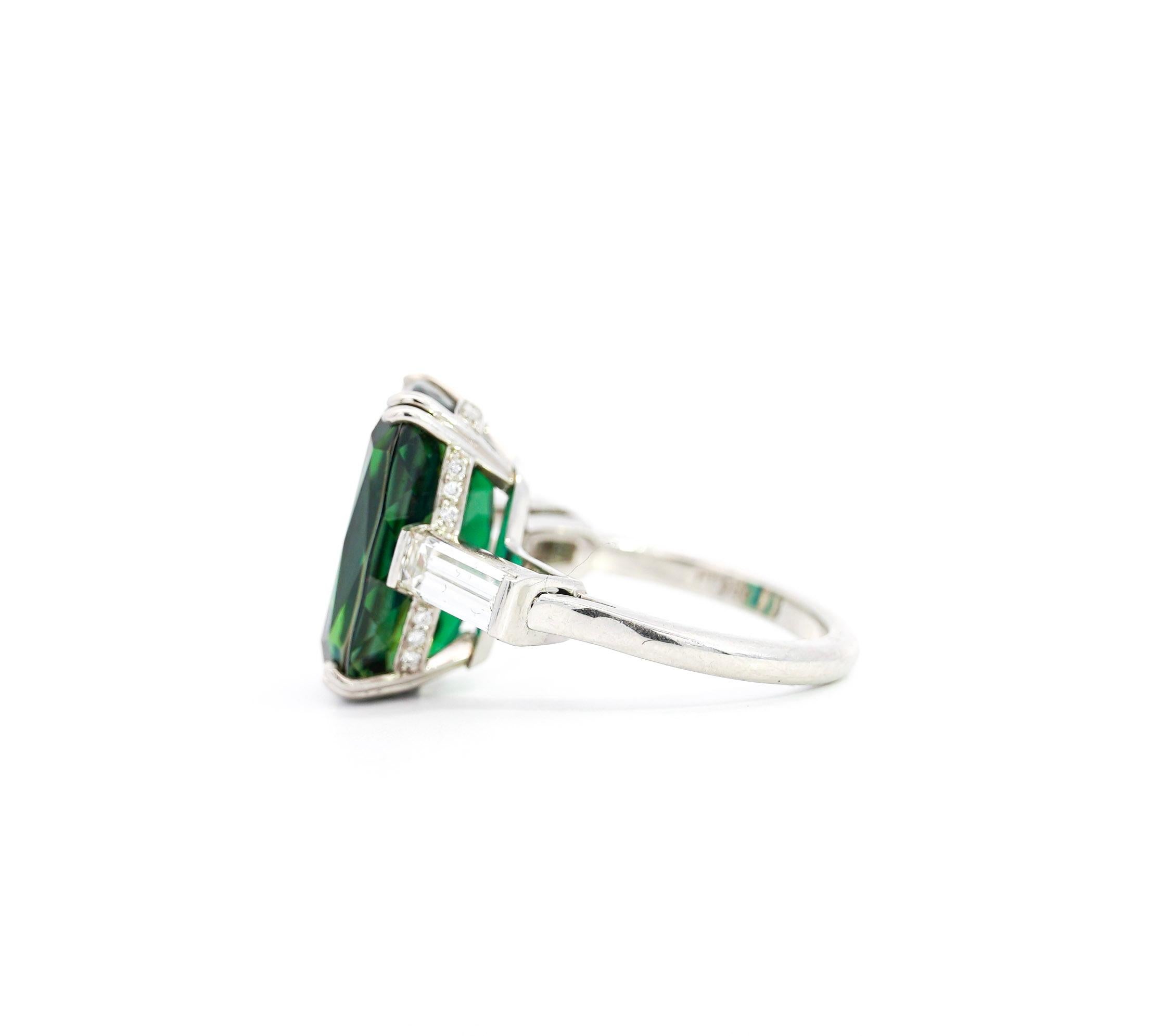 Asscher Cut Rare Green Tanzanite 12.68 Carat Cushion In Platinum 950 & Baguette Diamond Ring For Sale