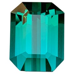 Rare tourmaline naturelle bleu verdâtre sans défaut, taille émeraude 13,05 carats