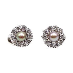 Rare Grey Natural Saltwater Pearl and Diamond White Gold Earrings