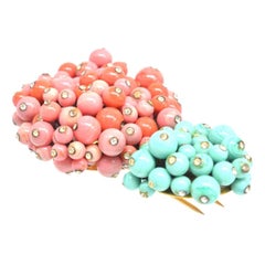 Rare Gripoix Brooch with Coral and Blue Turquoise Glass Paste and Rhinestones