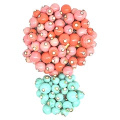 Rare Gripoix Brooch with Coral and Blue Turquoise Glass Paste and Rhinestones