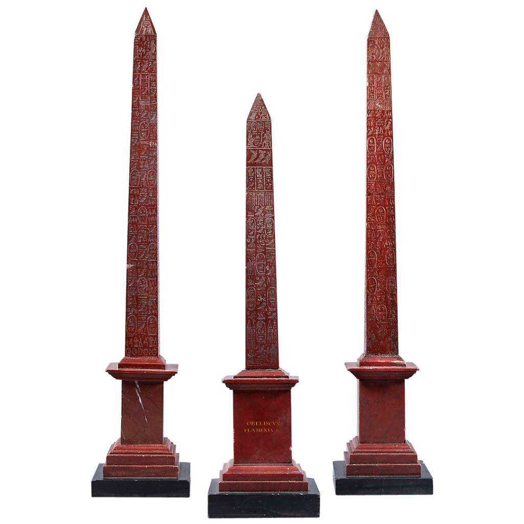Rare Group of Three 19th Century Grand Tour Rosso Antico, Red Marble Obelisks