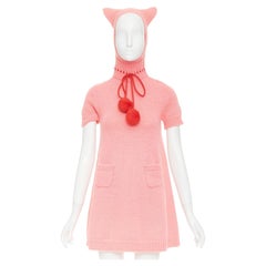 rare GUCCI 2021 Epilogue wool knit ear hooded pom pom embellished mini dress XS