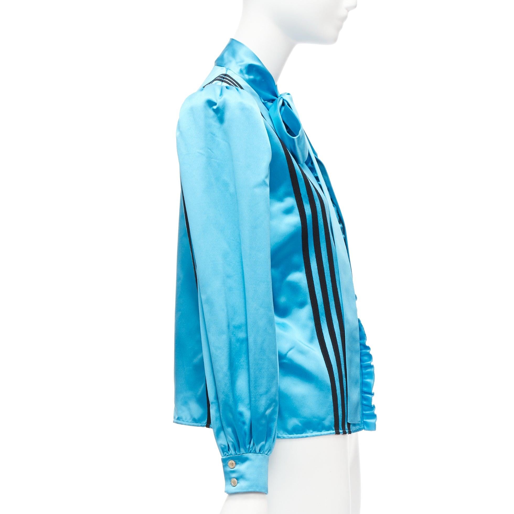 rare GUCCI ADIDAS blue silk 3 stripe pussy bow Victorian puff sleeve blouse IT38 In Excellent Condition For Sale In Hong Kong, NT