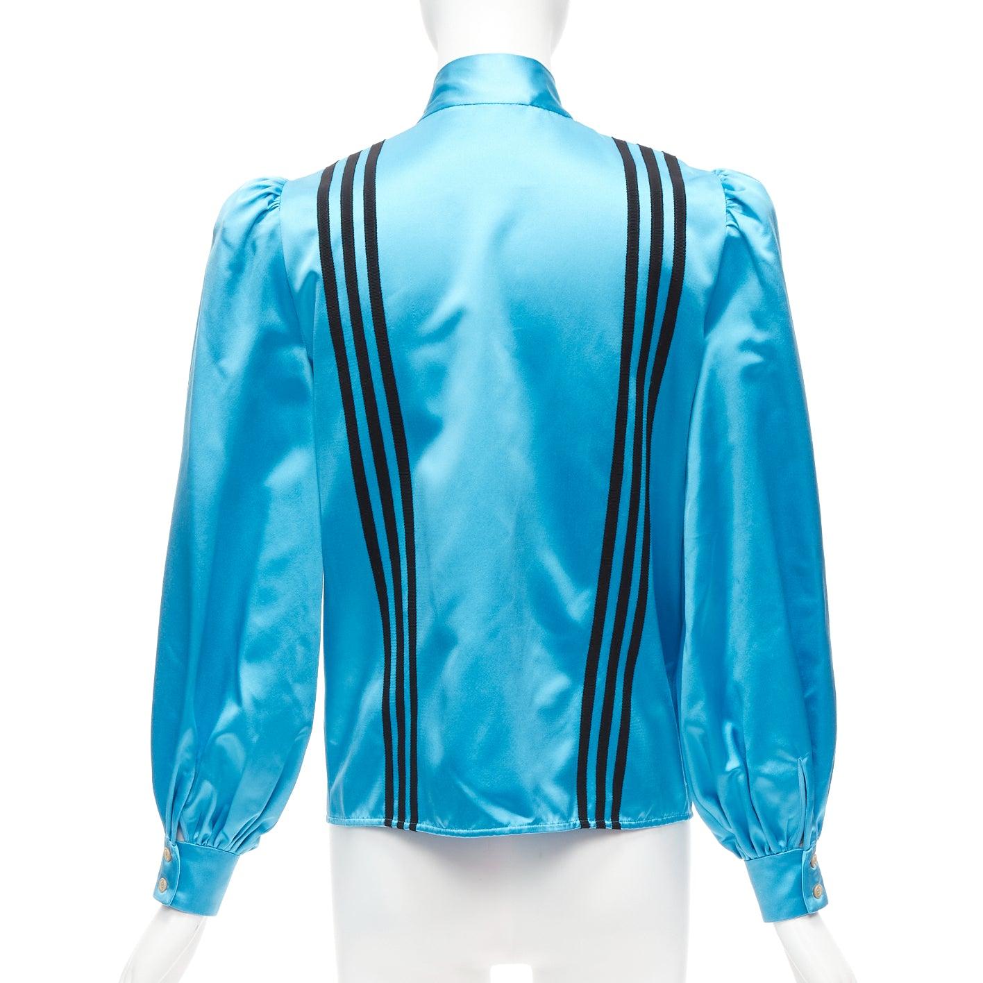 Women's rare GUCCI ADIDAS blue silk 3 stripe pussy bow Victorian puff sleeve blouse IT38 For Sale