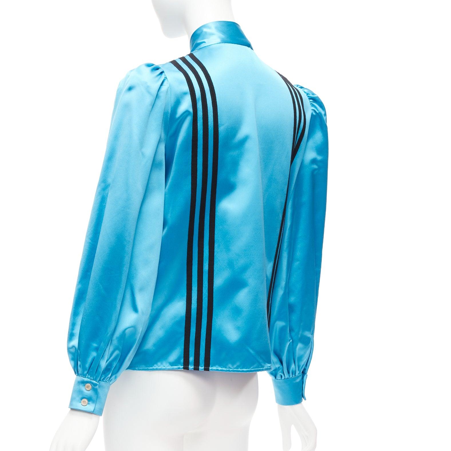 rare GUCCI ADIDAS blue silk 3 stripe pussy bow Victorian puff sleeve blouse IT38 For Sale 1