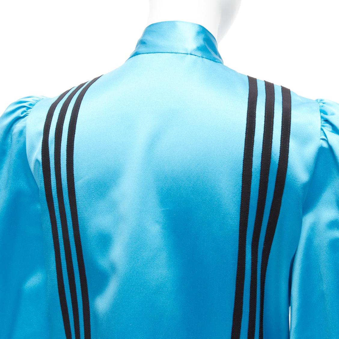 rare GUCCI ADIDAS blue silk 3 stripe pussy bow Victorian puff sleeve blouse IT38 For Sale 3