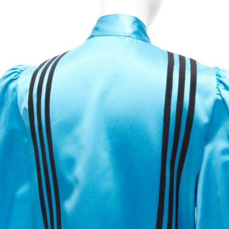 rare GUCCI ADIDAS blue silk 3 stripe pussy bow Victorian puff sleeve blouse IT38 For Sale 2