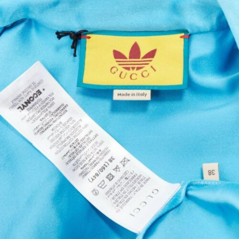 rare GUCCI ADIDAS blue silk 3 stripe pussy bow Victorian puff sleeve blouse IT38 For Sale 3