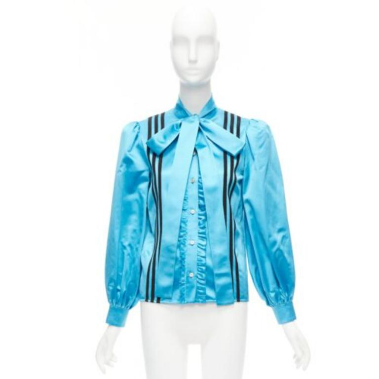 rare GUCCI ADIDAS blue silk 3 stripe pussy bow Victorian puff sleeve blouse IT38 For Sale 4