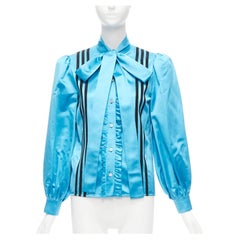 rare GUCCI ADIDAS blue silk 3 stripe pussy bow Victorian puff sleeve blouse IT38