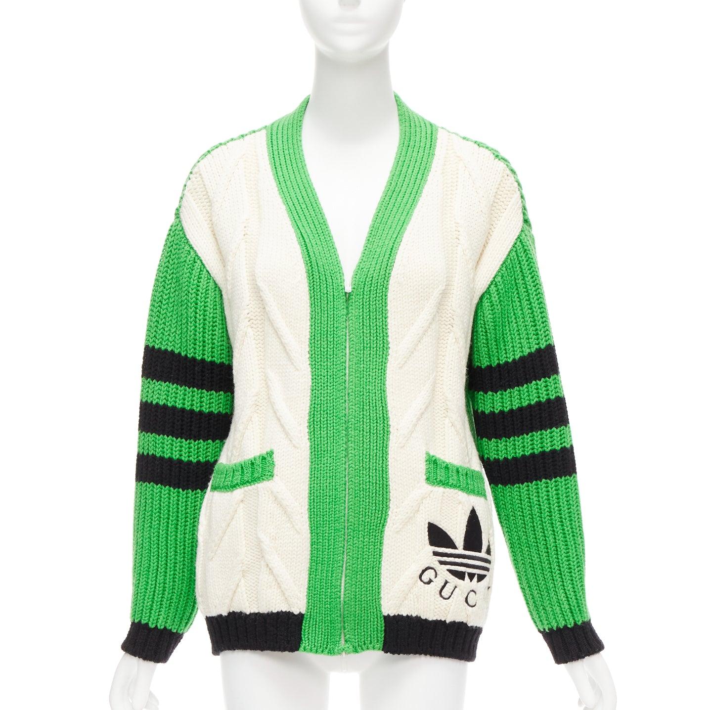 rare GUCCI ADIDAS green cream logo pocket varsity cable knit cardigan coat XXS
Reference: AAWC/A00625
Brand: Gucci
Collection: ADIDAS
Material: Wool
Color: Green, Cream
Pattern: Colorblock
Closure: Zip
Extra Details: Dual patch front pockets. Logo