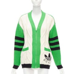 rare GUCCI ADIDAS green cream logo pocket varsity cable knit cardigan coat XXS