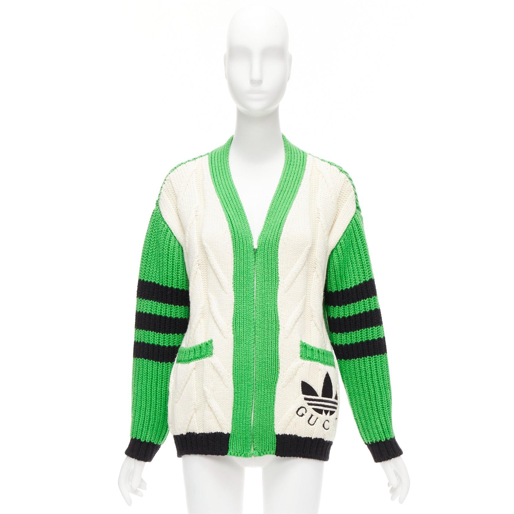 rare GUCCI ADIDAS green cream logo pocket varsity cable knit cardigan coat XXS In Excellent Condition For Sale In Hong Kong, NT