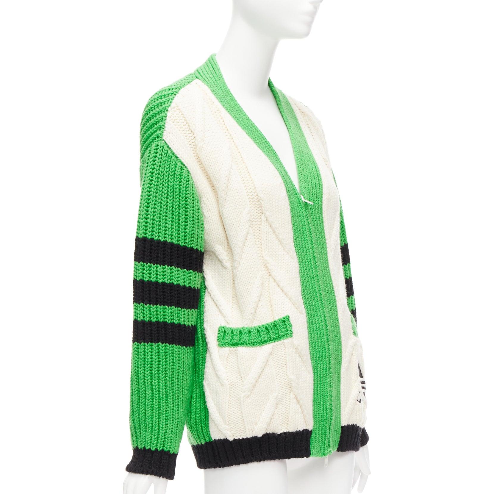 Women's rare GUCCI ADIDAS green cream logo pocket varsity cable knit cardigan coat XXS For Sale