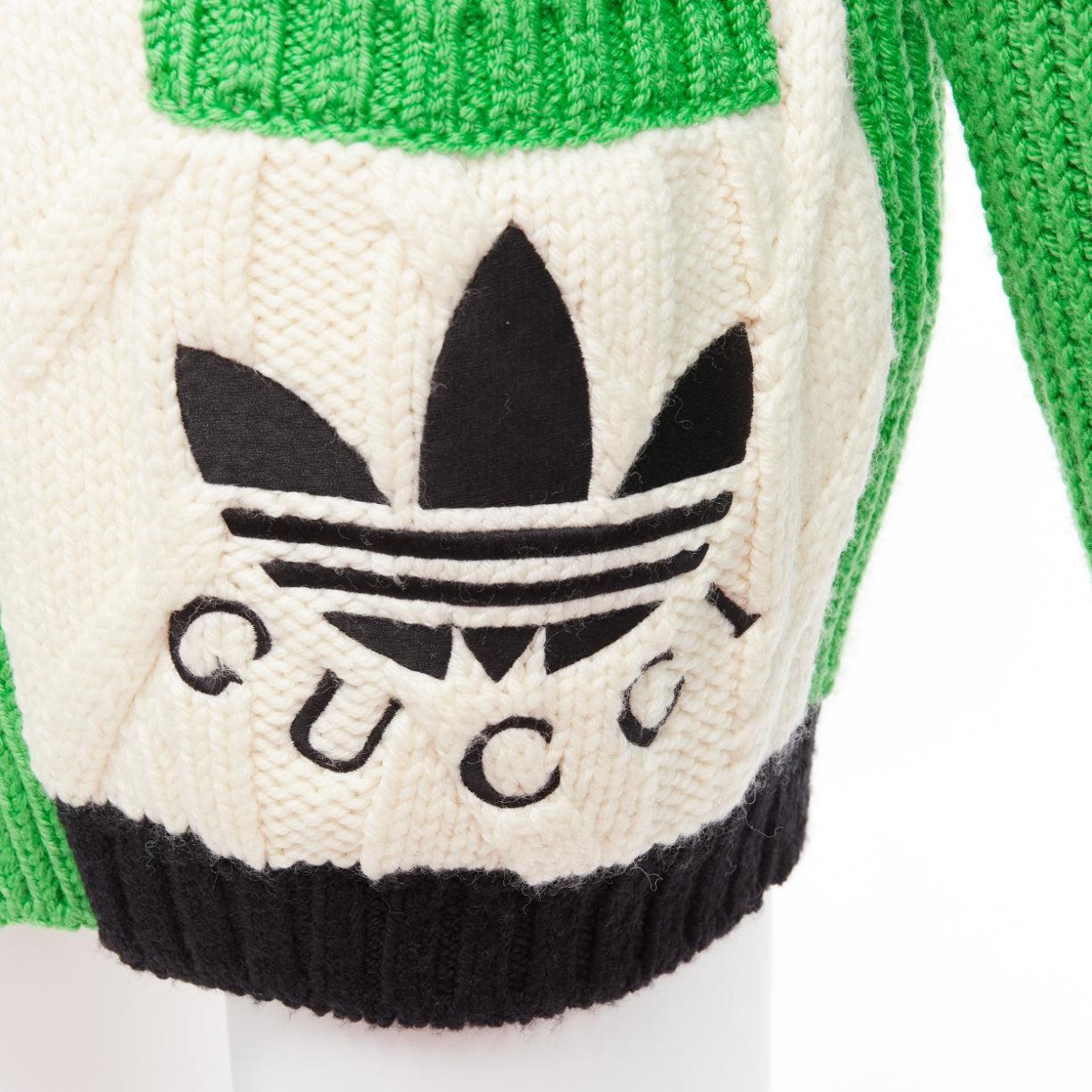 rare GUCCI ADIDAS green cream logo pocket varsity cable knit cardigan coat XXS For Sale 4