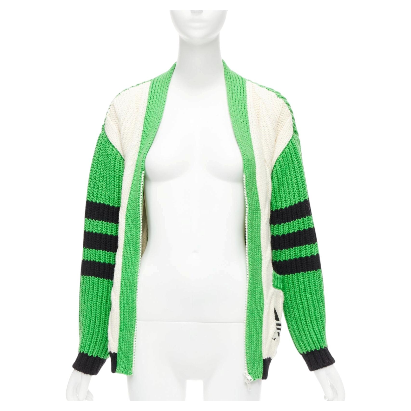 Pre-owned Gucci Rare  Adidas Green Cream Logo Pocket Varsity Cable Knit Cardigan Coat Xxs In White