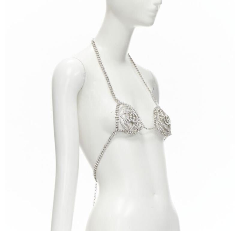 Gray rare GUCCI ALESSANDRO MICHELE 2019 Runway GG rhinestone crystals showgirl bra For Sale