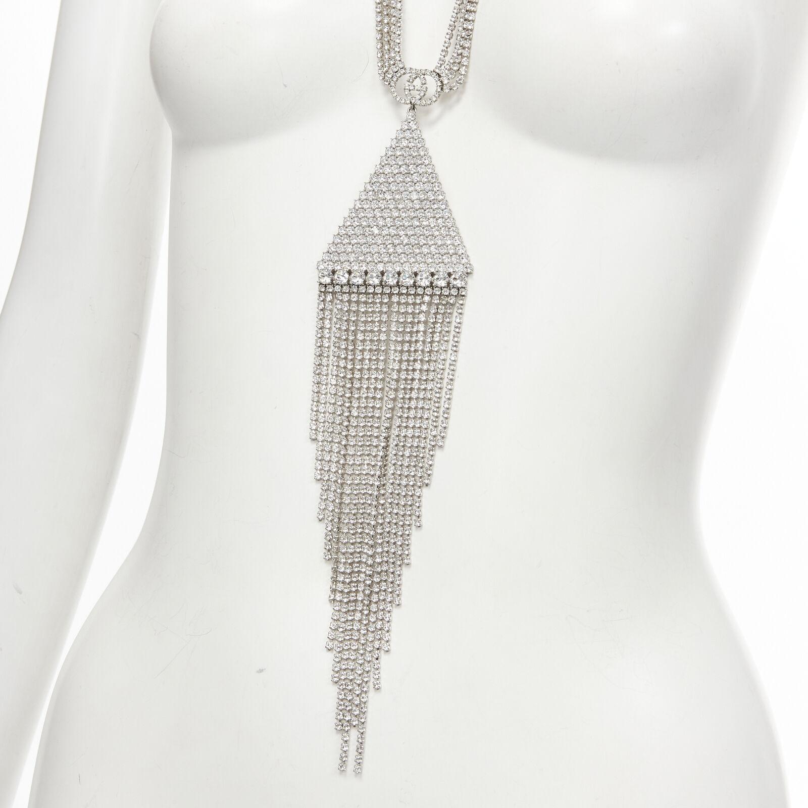 rare GUCCI ALESSANDRO MICHELE silver crystal GG triangle tassel  necklace For Sale 2