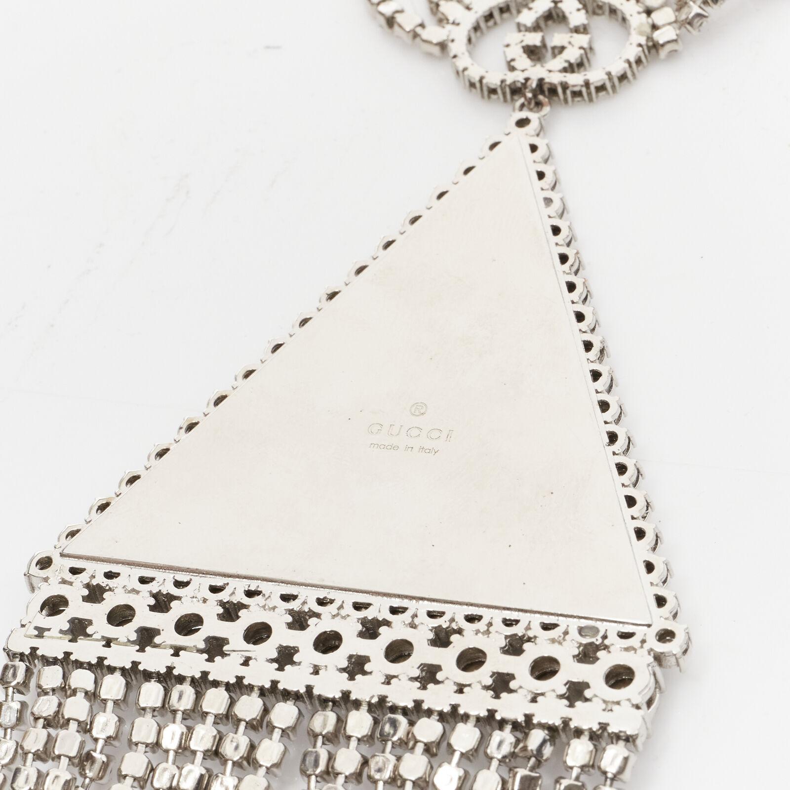 rare GUCCI ALESSANDRO MICHELE silver crystal GG triangle tassel  necklace For Sale 5