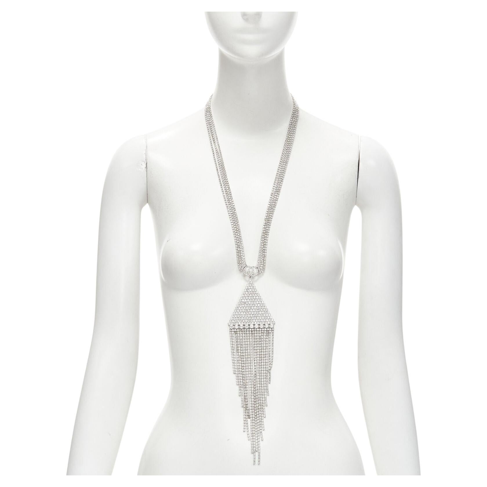 rare GUCCI ALESSANDRO MICHELE silver crystal GG triangle tassel necklace