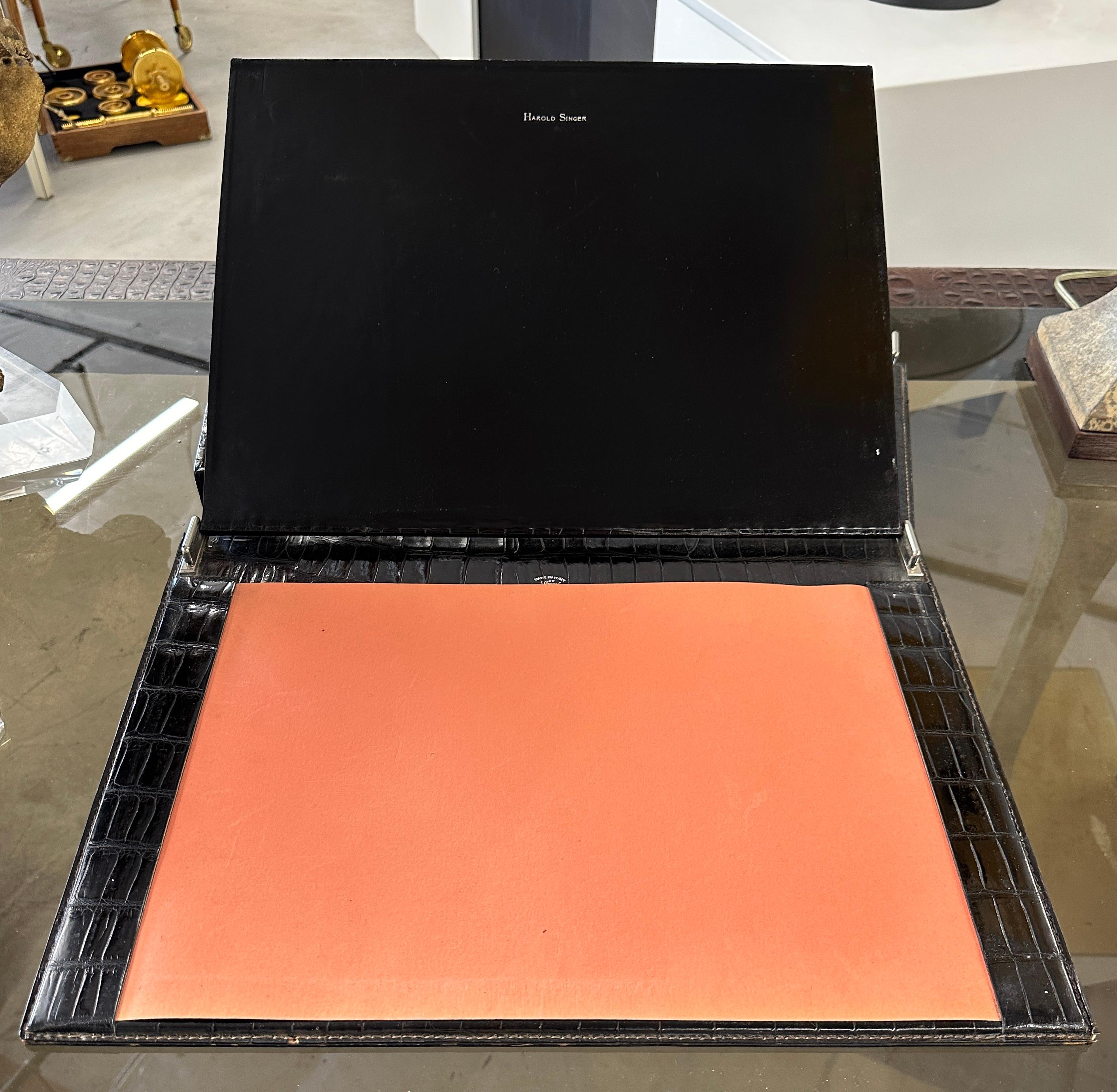 A fabulous and rare Gucci 4 piece desk set in either Alligator or Crocodile real leather or embossed leather. Likely from the 1970's although I've seen pieces attributed to the 1960's and special order. 
It's rare to find a set this complete. The