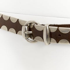 rare GUCCI brown leather silver italic logo metal detail horsebit buckle belt