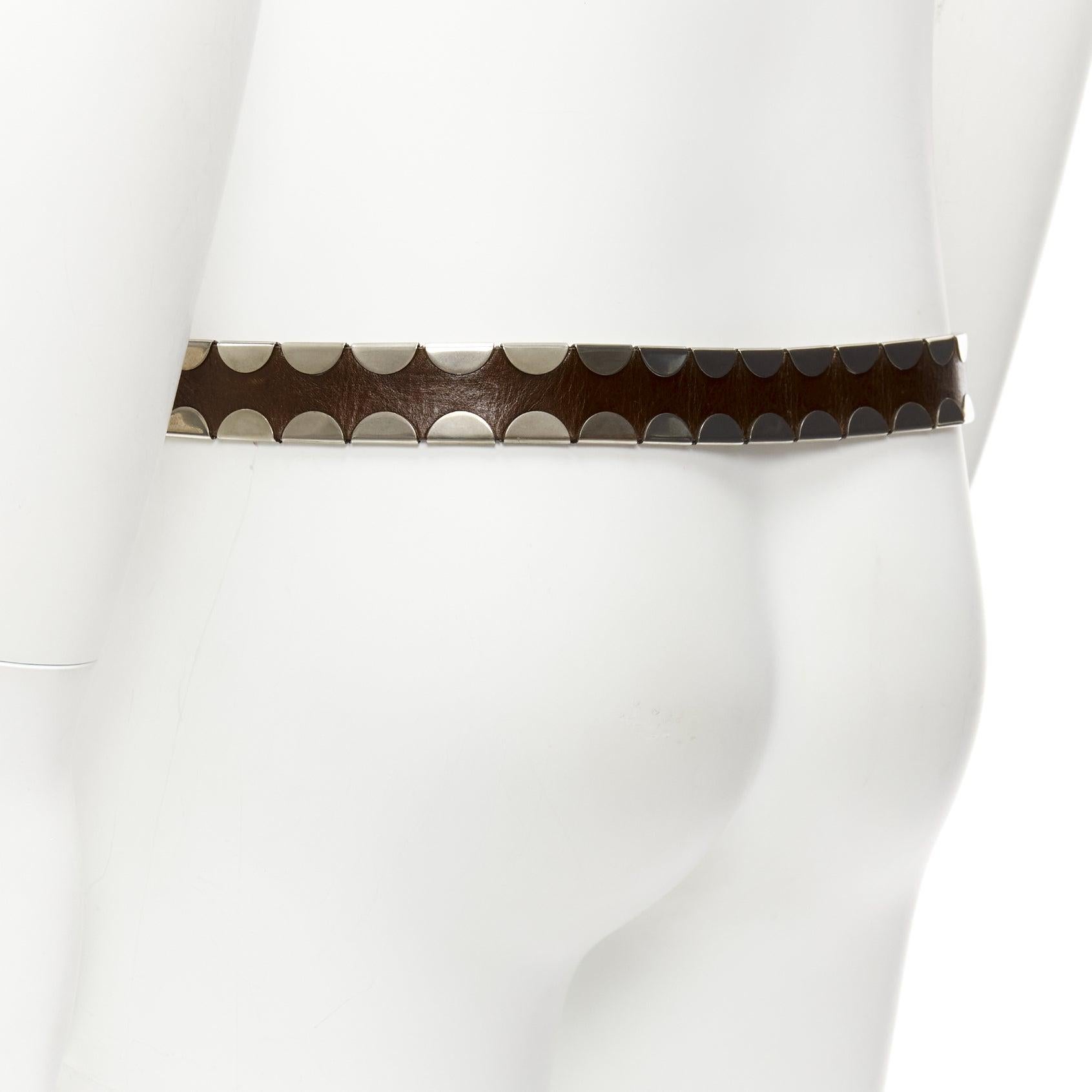 rare GUCCI brown leather silver italic logo metal detail horsebit buckle belt For Sale 2