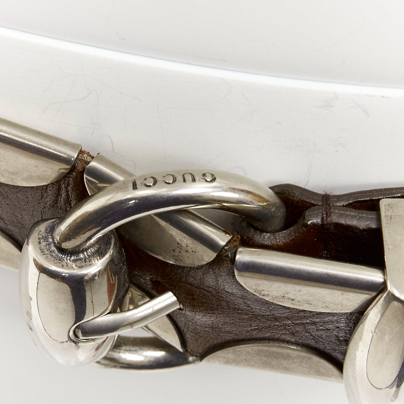 rare GUCCI brown leather silver italic logo metal detail horsebit buckle belt For Sale 4
