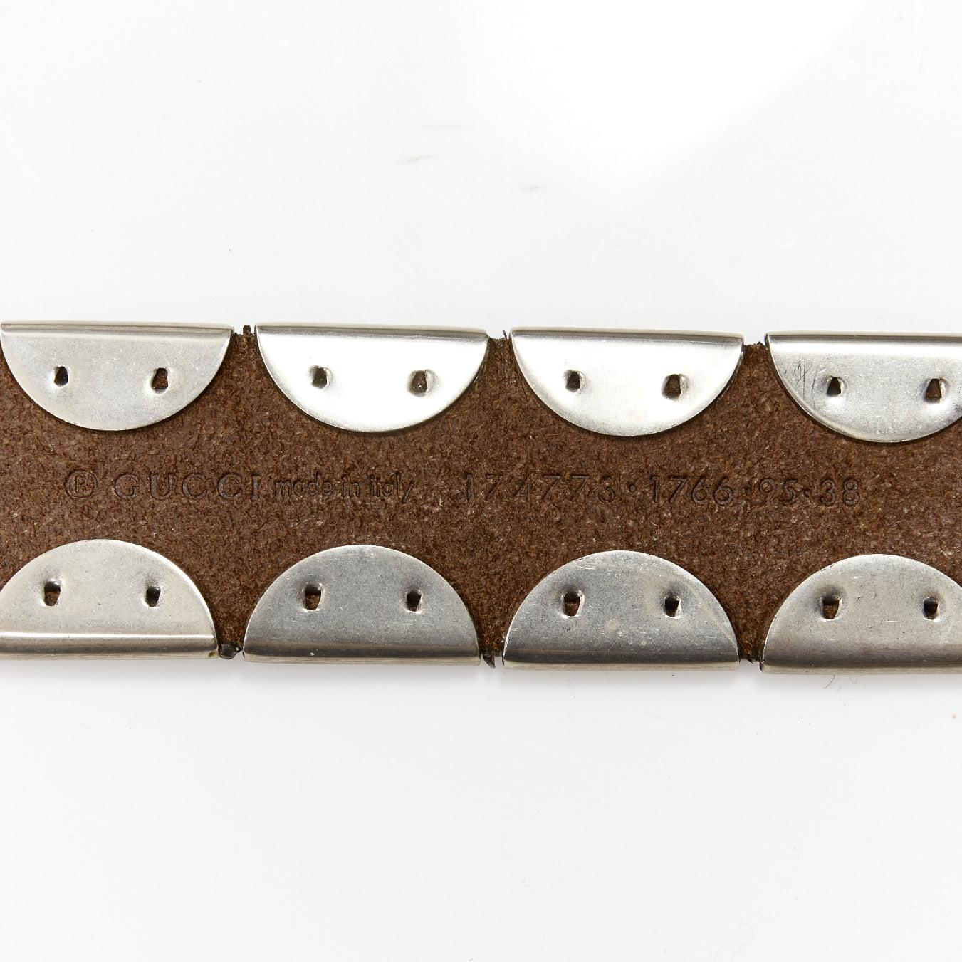 rare GUCCI brown leather silver italic logo metal detail horsebit buckle belt For Sale 5