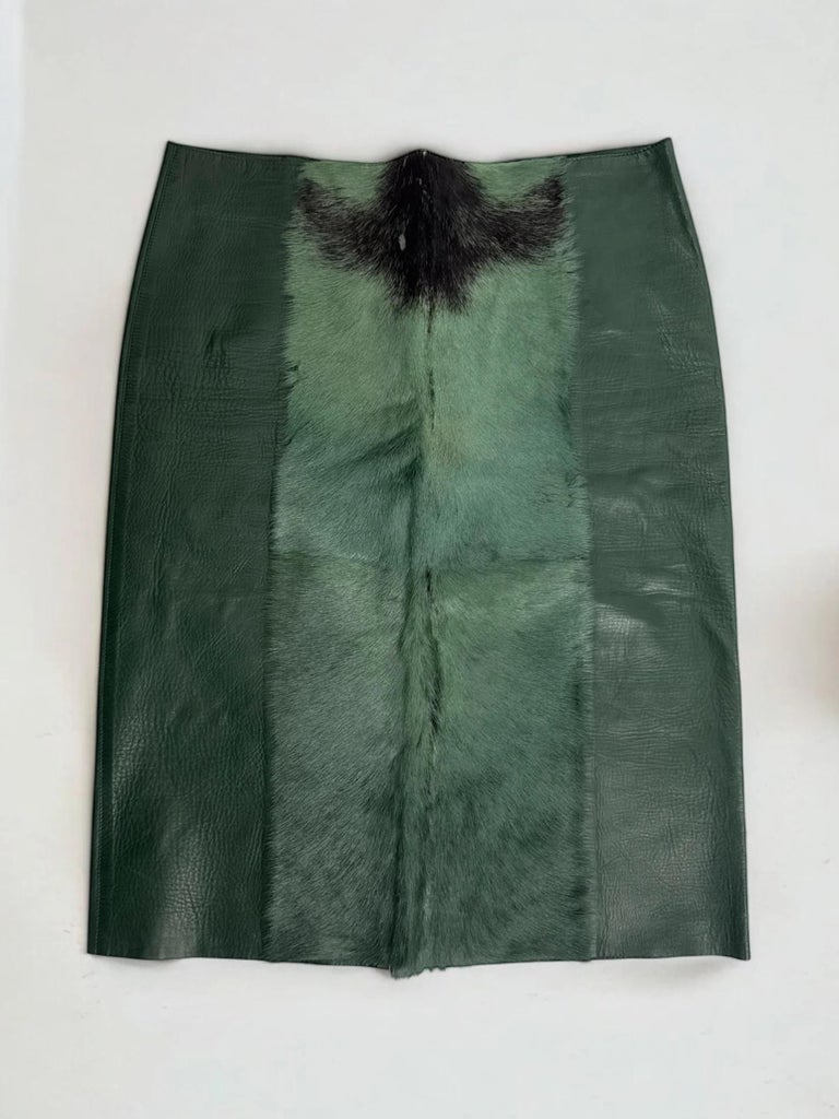 Rare Gucci by Tom Ford Green Leather and Fur Skirt, FW 1999