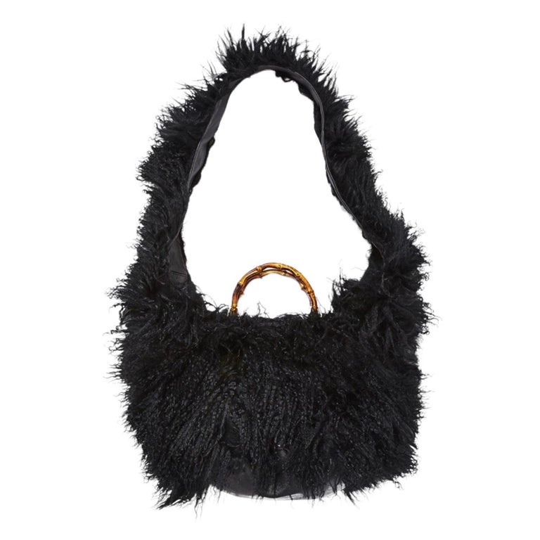 RARE Gucci by Tom Ford SS 1996 Black Shearling Fur Bamboo Bag seen on Kate Moss For Sale