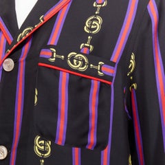 rare GUCCI GARDEN 100% silk black purple GG stripe pajama blouse shirt XXS