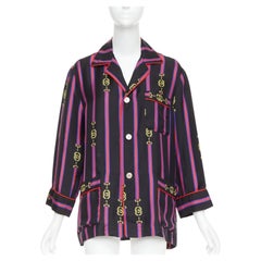 rare GUCCI GARDEN 100% silk black purple GG stripe pajama blouse shirt XXS