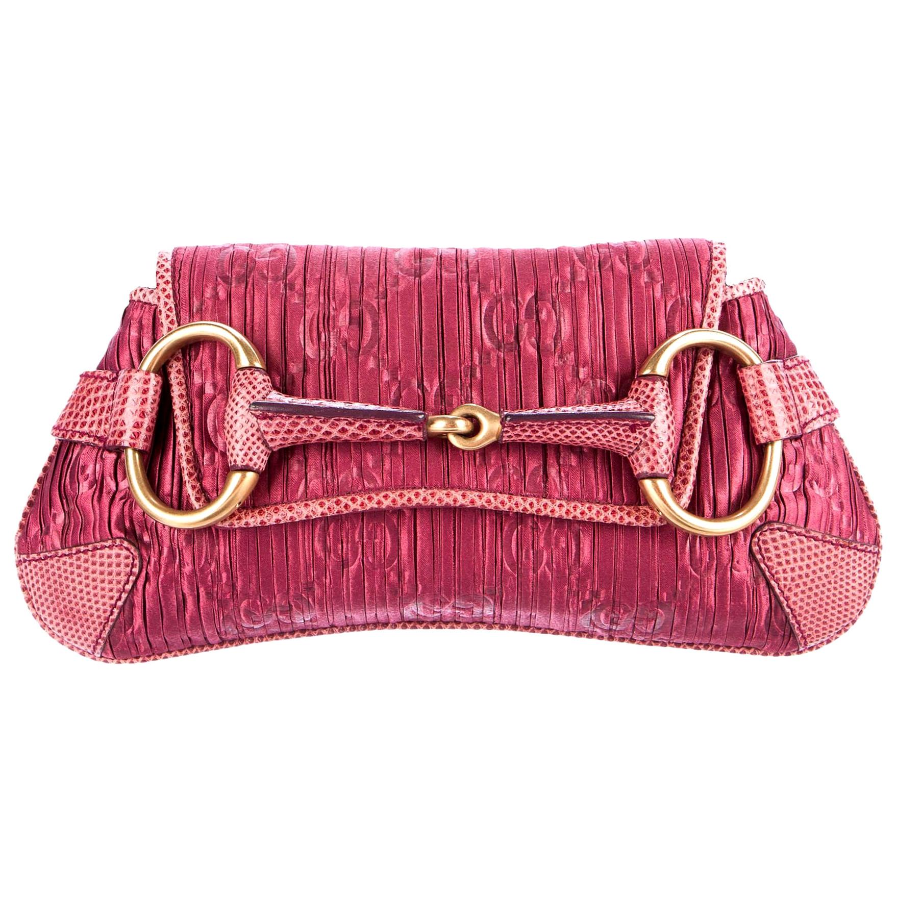 Exotic GUCCI GG Monogram Logo Satin Pink Barbiecore Trimming Horsebit Clutch Bag For Sale