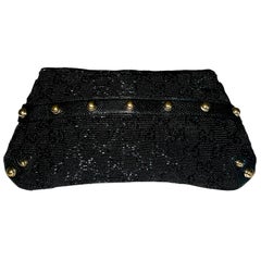 Rare GUCCI by Tom Ford Black Monogram Beaded Crystal Lizard Bamboo Horsebit Bag