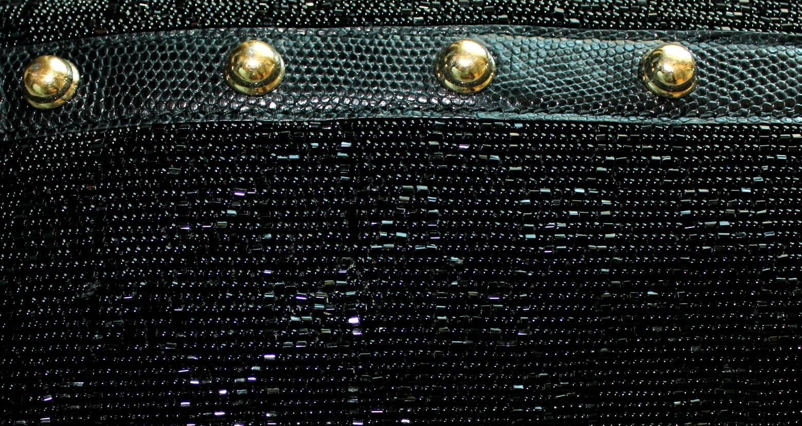 Gucci Tom Ford Black Monogram Beaded Crystal Lizard Bamboo Horsebit Clutch Bag Bon état - En vente à Switzerland, CH